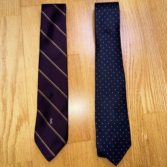 Yves Saint Laurent YSL Men's Silk Tie Set Of 2 Navy Geometric Purple Stripe OS - Picture 1 of 6